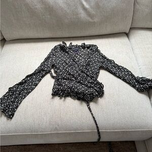 Ralph Lauren Black and White Ruffled Wrap Blouse